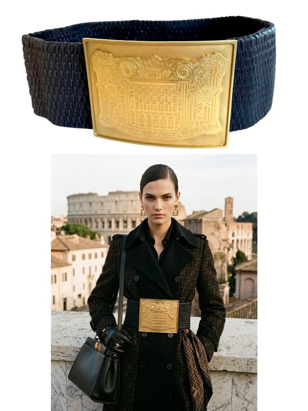 GRAIL RARE 90'S FENDI ROMA 1925 ARCHIVAL PALAZZO BIG BUCKLE WIDE BELT 6/8 US